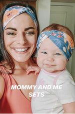Load image into Gallery viewer, Floral turban headband,  Mother&#39;s Day gift, baby headband, turban for baby, exercise headband, blue headband, yoga headband,mommy and me set
