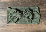 Load image into Gallery viewer, Ribbed olive turban headband,  olive green knotted headband, olive baby turban headband, wide headband, solid yoga headband, top knot
