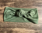 Load image into Gallery viewer, Ribbed olive turban headband,  olive green knotted headband, olive baby turban headband, wide headband, solid yoga headband, top knot
