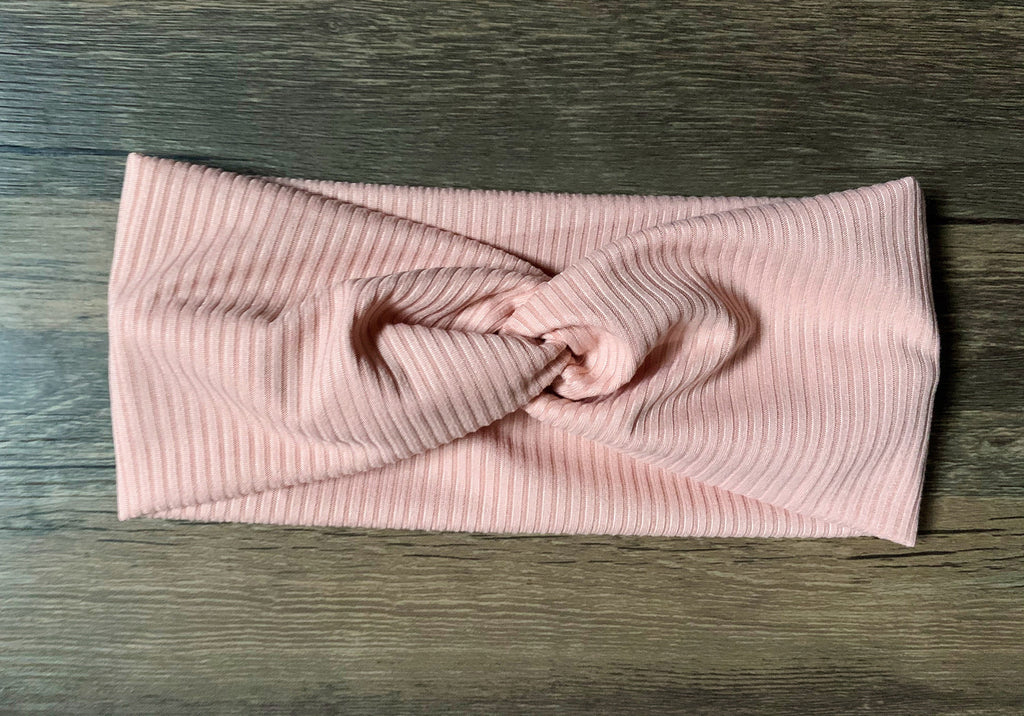 Ribbed light pink turban headband, pink knotted headband, baby turban headband, wide headband, solid yoga headband, top knot, bow tie