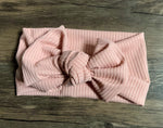 Load image into Gallery viewer, Ribbed light pink turban headband, pink knotted headband, baby turban headband, wide headband, solid yoga headband, top knot, bow tie
