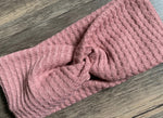 Load image into Gallery viewer, Rose turban headband, solid knotted headband, baby turban headband,  pink twisted headband, solid yoga headband, waffle knit headband
