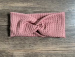 Load image into Gallery viewer, Rose turban headband, solid knotted headband, baby turban headband,  pink twisted headband, solid yoga headband, waffle knit headband

